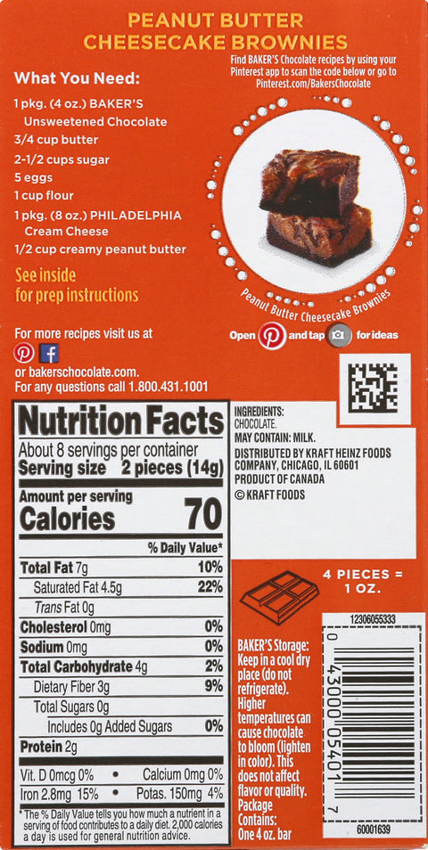 Baker's Unsweetened Chocolate Premium Baking Bar with 100 % Cacao, 4 oz Box