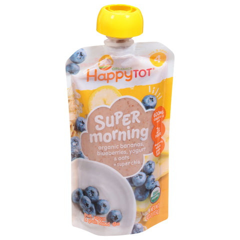 HappyTot Organics Super Morning 4 (Tots & Tykes) Organic Bananas, Blueberries, Yogurt & Oats Fruit, Yogurt & Grain Blend 4 oz