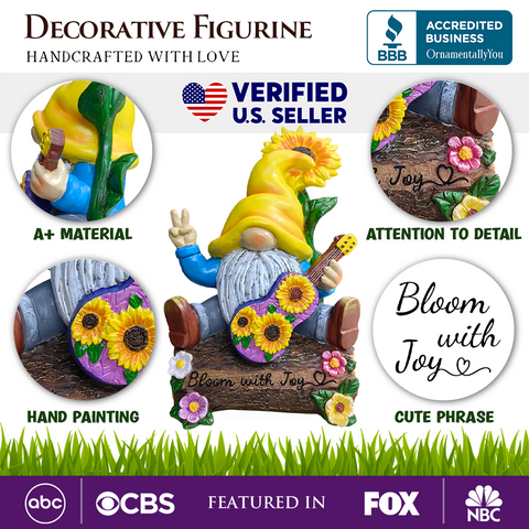 Bloom with Joy Sunflower Gnome 10" Garden Statue Figurine with Guitar, Spring and Summer Home Decoration