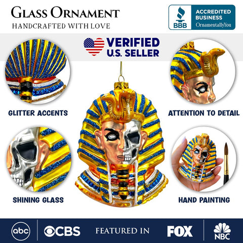 Evil Egyptian Pharoah Half Skull Head Glass Ornament, Gothic Halloween Tree Decor