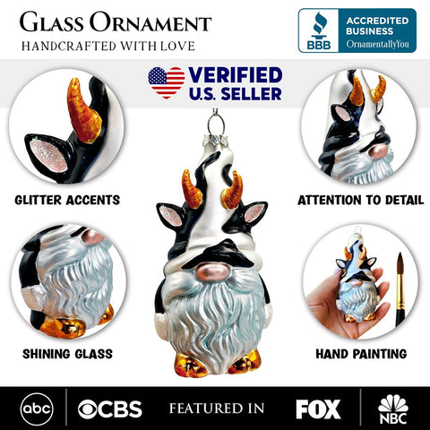 Whimsical Gnome Cow Handblown Glass Christmas Ornament, Cute Holiday Decor