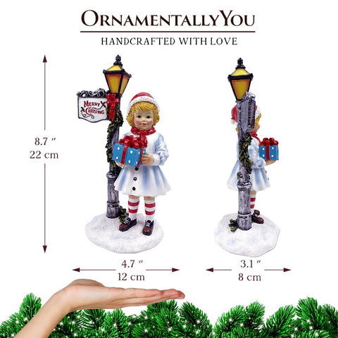 Victorian Style Christmas Girl and Street Lamp Tabletop Figurine, 8" Vintage Holiday Statue of a Gift Carrying Belle