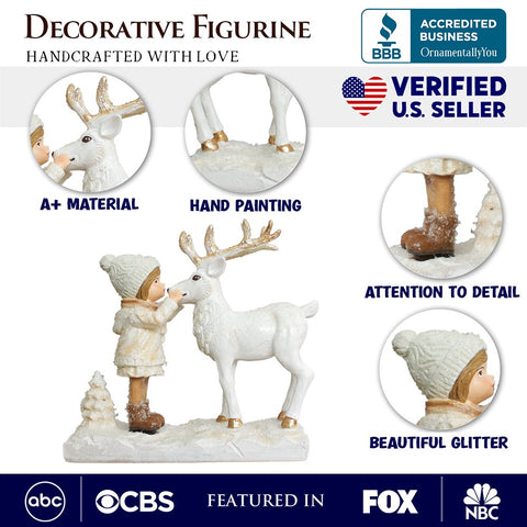 Charming Deer and Little Girl Figurine, 7.5" Vintage Christmas Garden Statue