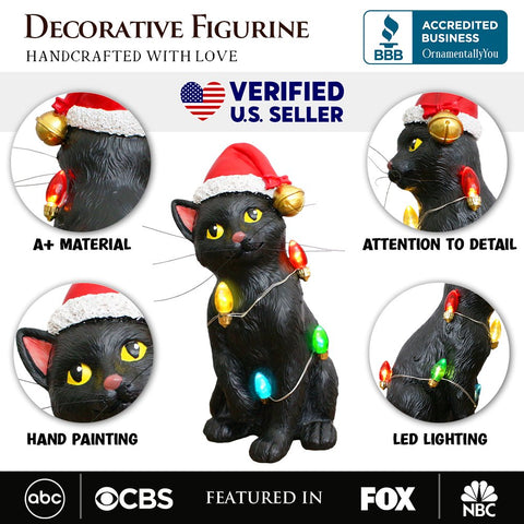 Festive Black Cat with LED Lights Figurine, 7" Cute Home Decor Statue