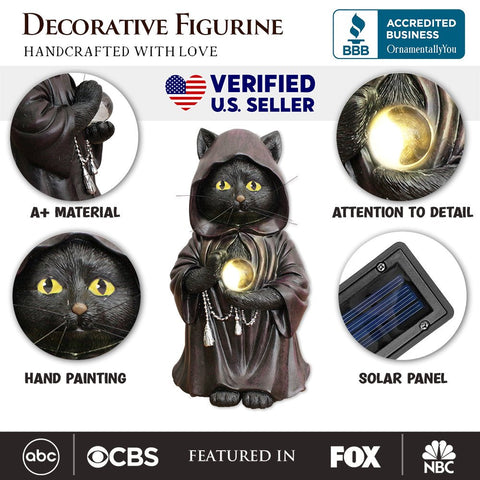 Ominous Black Cat Wizard Figurine, 7" Solar Light Gothic Yard Statue Decor