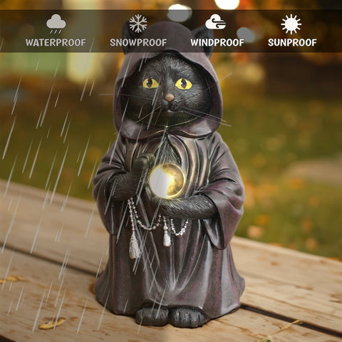 Ominous Black Cat Wizard Figurine, 7" Solar Light Gothic Yard Statue Decor