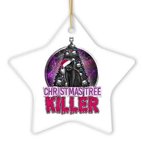 Black Cat Christmas Tree Killer Funny Emo Ornament, Spooky and Creepy Holiday Decor