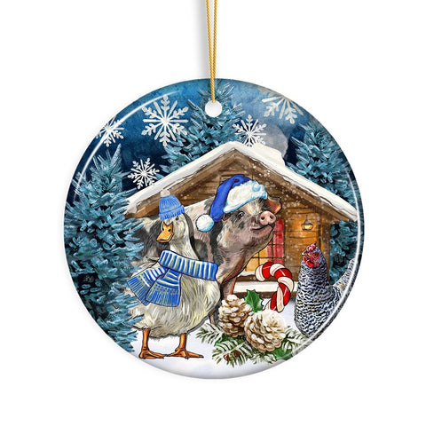Charming Winter Farm Cabin and Animals Ceramic Christmas Ornament, Duck, Pig, and Chicken