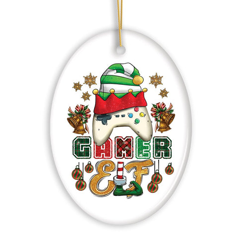 Cute Festive Gamer Elf with Plaids Christmas Ornament