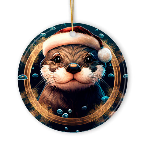 Cute Otter with Santa Hat Coastal Christmas Ornament