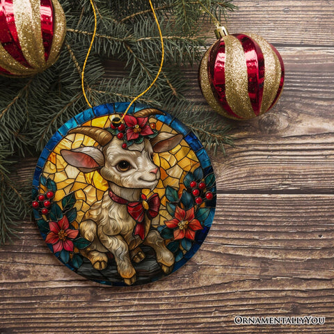 Elegant Goat Stained Glass Theme Ceramic Ornament, Billy Buck and Doe Mountain Animal Decor