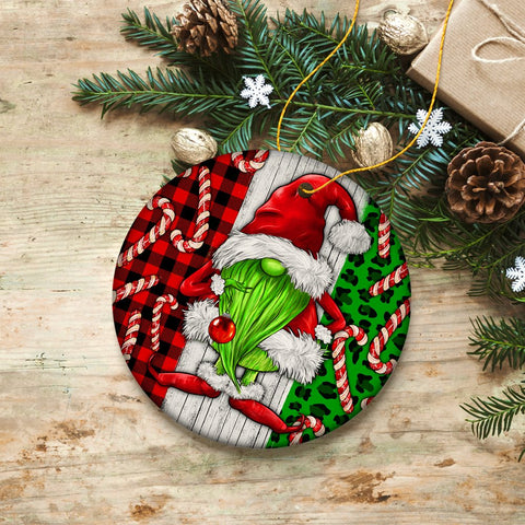Green Christmas Gnome Festive Holiday Ceramic Ornament, Candy Cane and Plaid