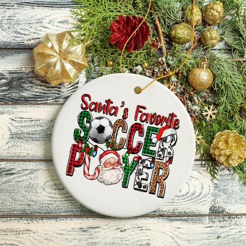 Santa’s Favorite Soccer Player Christmas Plaid Ornament, Coach Football Gift