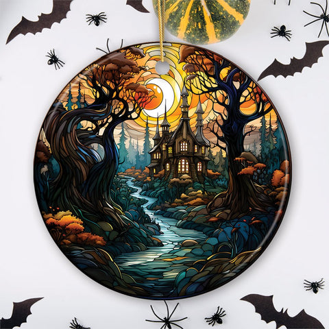 Sinister Manor Haunted House Stained Glass Style Ceramic Ornament, Halloween Themed Christmas Gift and Decor