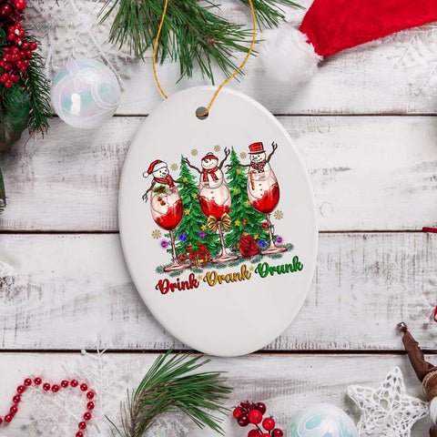 Snowmen and Wine Drink Drank Drunk Christmas Ornament, Funny Alcohol Humor with Crimson Velvet