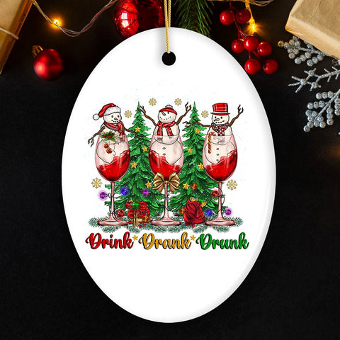 Snowmen and Wine Drink Drank Drunk Christmas Ornament, Funny Alcohol Humor with Crimson Velvet