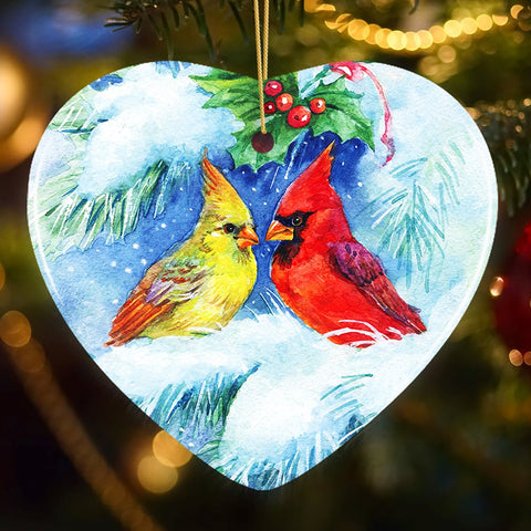 Watercolor Cardinal Mistletoe Romance Christmas Ornament