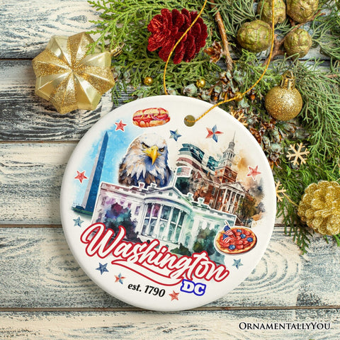 Artistic Washington DC Ceramic Ornament, Landmarks of the Nation’s Capital, White House Travel Souvenir