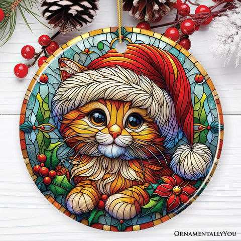 Adorable Cat in Santa Hat Stained Glass Style Ceramic Ornament, Christmas Gift and Decor