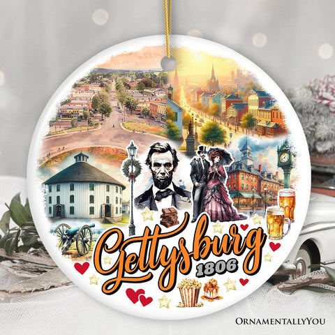 Artistic Historical Gettysburg Town Vintage Ornament, Pennsylvania Battlefield Civil War Heritage and Abe Lincoln