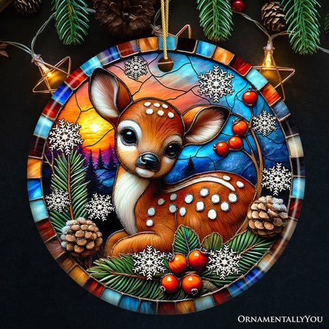 Charming Fawn in Snowy Sunset Ornament, Delightful Woodland Scene for Christmas Decor