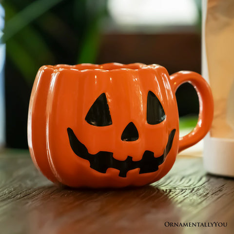 Classic Jack O' Lantern Ceramic 4" Pumpkin Mug, Halloween Drinkware and Spooky Fall Decor