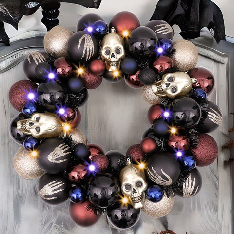 Creep and Glitter Spooky Wreath with Skeleton Skull Baubles, Black, Maroon and Gold Colors with Shiny Glitter