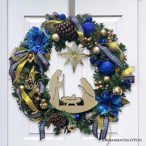 Decorous Nativity Christmas Wreath, Blue and Gold Ribbons and Poinsettias Birth of Christ Door Decoration