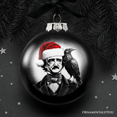 Edgar Allan Poe Spooky Christmas Portrait Glass Ornament, Black Horror Halloween Tree Decoration