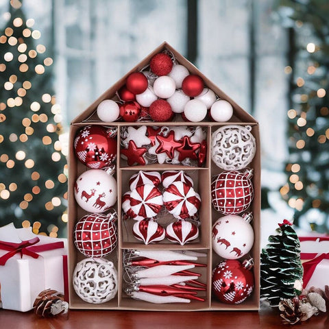 Endearing Prominent Red and White Christmas Ornament Set, Bauble Bundle with Candycane Colors and Patterns 70 Pieces