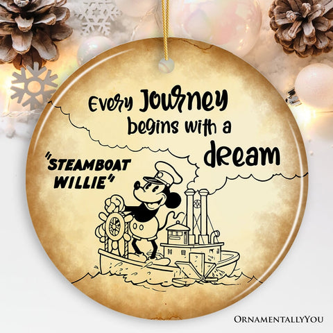 Every Journey Begins With a Dream Quote Ornament, Vintage Steamboat Willie Christmas Keepsake