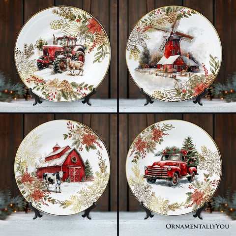 Farmhouse Christmas Set of 4 Plates with Real Gold Elements, Holiday Tableware Collection for Salad, Dessert, Appetizer, and Side Plates