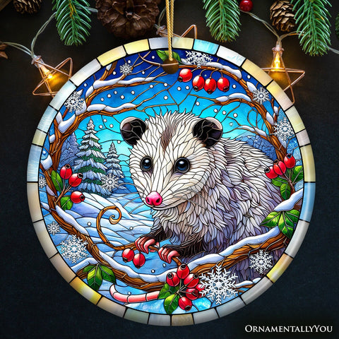 Frosty Possum in Berry Branches Ornament, Playful Winter Wonderland for Holiday Tree Decor
