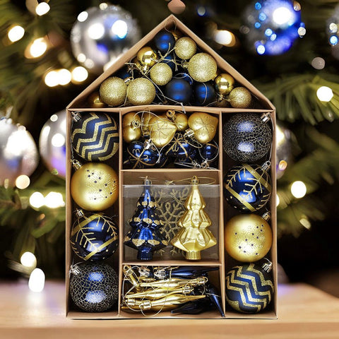 Glam and Glittered Gold and Blue Elegant Christmas Ornament Set, 70 Assorted Balls, Trees, Snowflakes, and Royal Heart Pendants