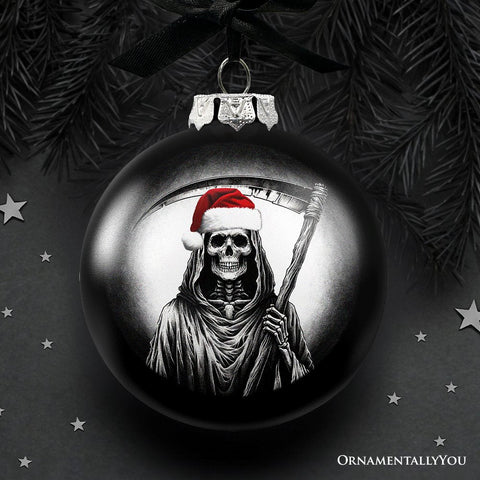 Grim Reaper Christmas Spooky Portrait Glass Ornament, Black Horror Halloween Tree Decoration