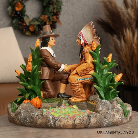 Harvest Harmony Kinship Between Native Americans and Pilgrims Figurine, 6" Fall Decor and Thanksgiving Statue