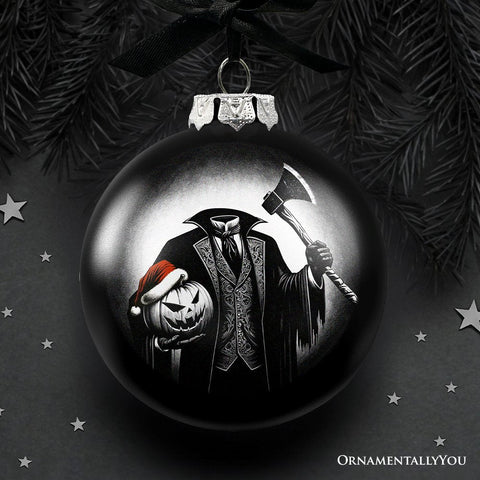 Headless Horseman Spooky Portrait Glass Christmas Ornament, Black Horror Halloween Tree Decoration