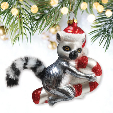 Lemur Draped in Christmas Fun Glass Christmas Ornament, Madagascar Ring Tailed Monkey
