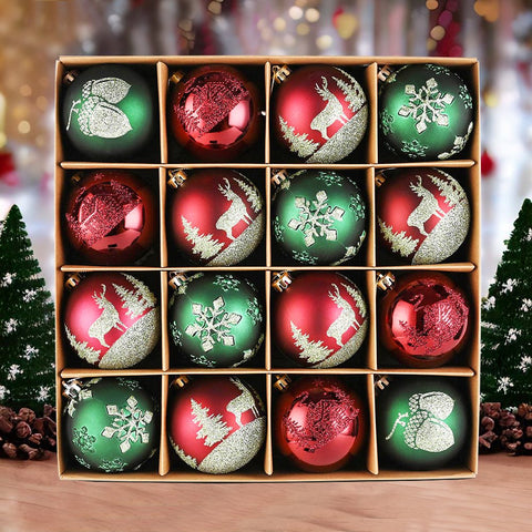 Majestic Winterly Nature Glittered Ornament Bauble Set, Red and Green Balls Bundle with Acorns, Snowflakes, and Spruce Tree Accents