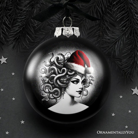 Medusa Christmas Spooky Portrait Glass Ornament, Black Horror Halloween Tree Decoration