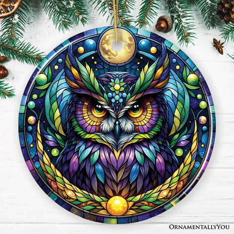 Nocturnal Enchanter Mysterious Owl Stained Glass Style Ceramic Ornament, Halloween Themed Christmas Gift and Decor