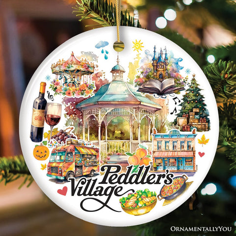 Peddler’s Village Artistic Ornament with Rustic Pennsylvania Scenery, Vintage Ceramic Christmas Souvenir