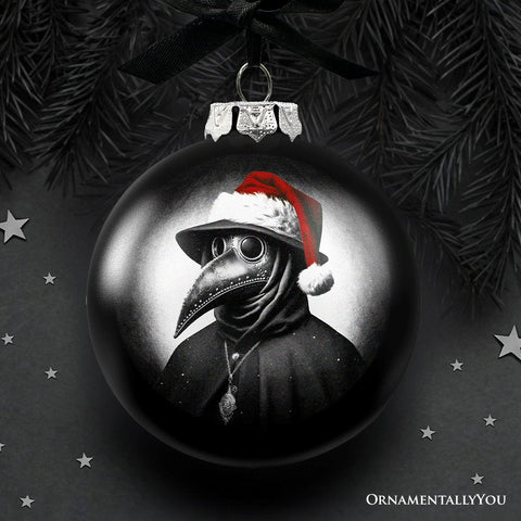 Plague Doctor Christmas Spooky Portrait Glass Ornament, Black Horror Halloween Tree Decoration