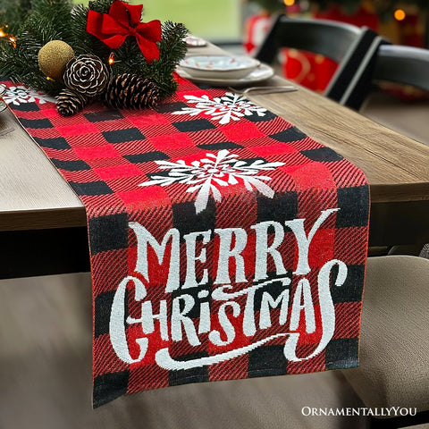 Plaid Merry Christmas 72" Jacquard Table Runner, High Quality Holiday Rectangle Tablecloth Decoration