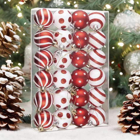 Polka Dot and Candycane Color Style Ornament Ball Bundle, Set of 24 Red and White Patterned Christmas Baubles