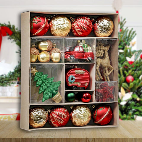 Rustic Christmas Adventure Ornament Bauble 60 Piece Set, Camping Truck, Acorns, Woods Theme