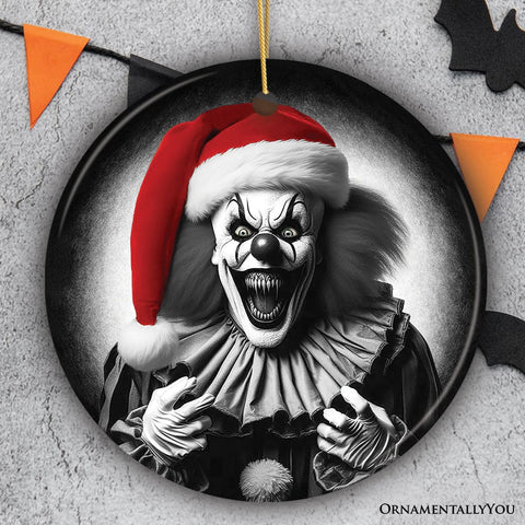 Sinister Santa Clown Ceramic Ornament, Eerie Christmas Decoration for Halloween Tree