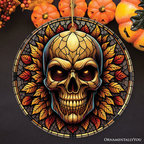 Spine-Chilling Haunting Skull Stained Glass Style Ceramic Ornament, Halloween Themed Christmas Gift and Decor