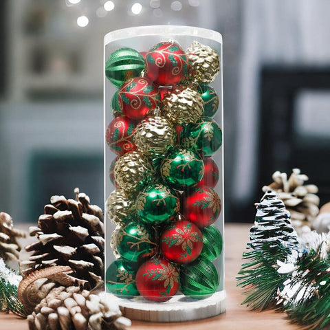 Uniquely Patterned Christmas Bauble Set, 35 Ornaments with Red, Green, and Gold