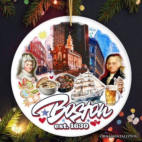 Vibrant Boston City Ceramic Art Ornament, Vintage Massachusetts Souvenir and Christmas Decor